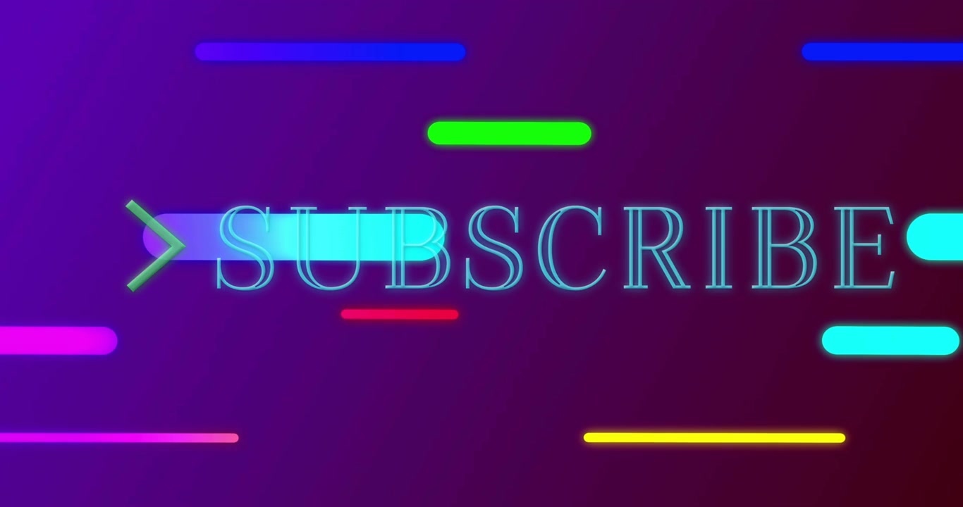 Incoming rounded neon bars offscreen sliding across SUBSCRIBE letters creating looping neon CTA
