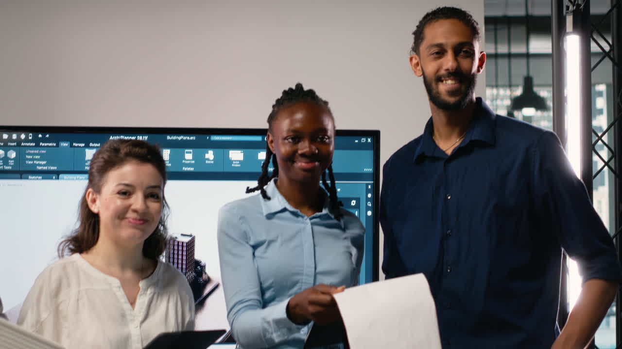 Vertical Video Portrait of multiethnic experts in real estate during collaborative meeting