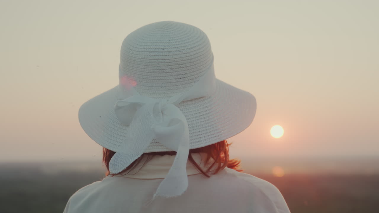 Close up rear view of lady in white sunhat turning toward camera with smile raising wine glass in sunset light by river while insects drift through golden evening