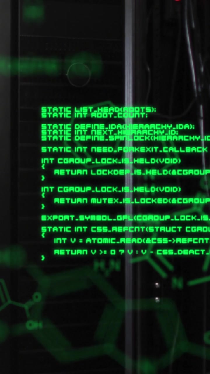 Animation of computer language and molecule structures against server room