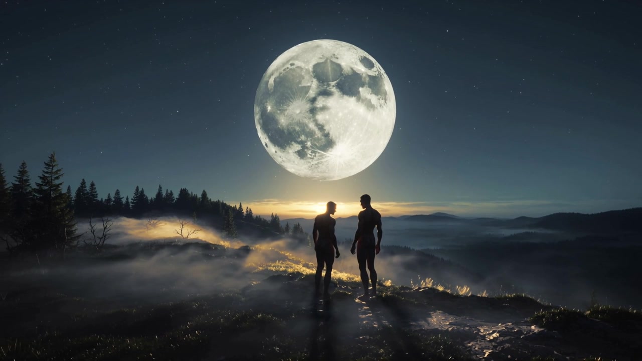 Dua orang bersiluet berdiri, bergerak mendekat di punggung bukit, dengan cahaya bulan terbit yang bersinar di atas kabut.