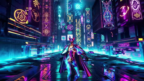 vibrant neon cyberpunk city with armored figure