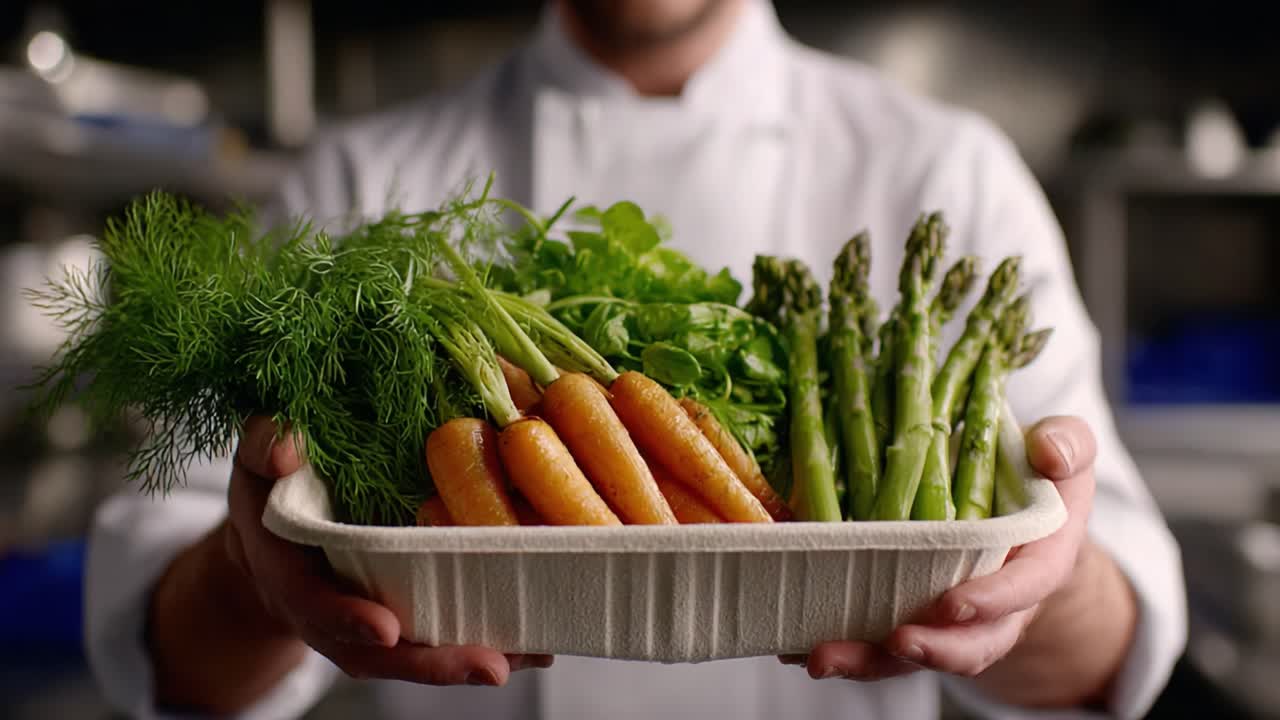 A Chef Presenting a Fresh Assortment of Vibrant Vegetables, Showcasing Carrots, Asparagus, and Culinary Herbs in a Striking Display of Nature's Bounty