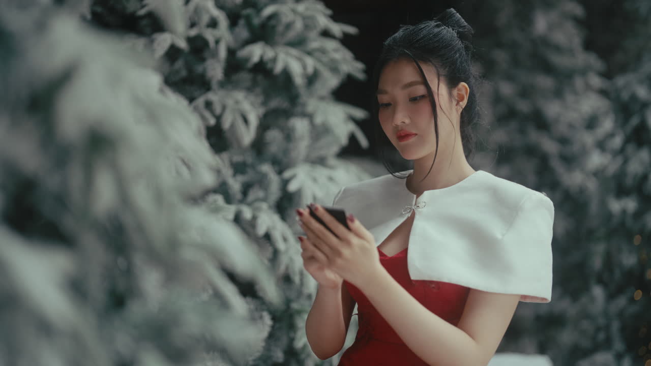 Young woman using phone in christmas setting