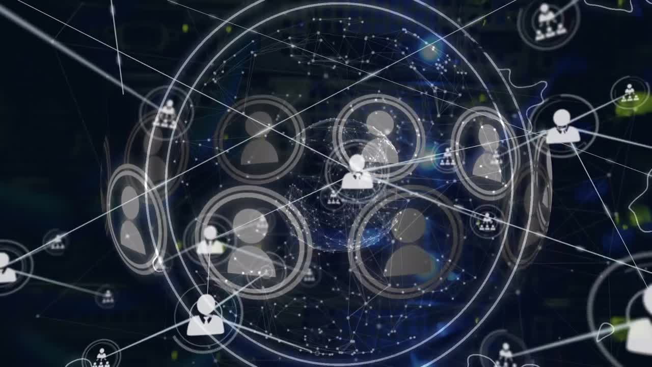 анимация сети соединений с иконками над обработкой данных на черном фоне