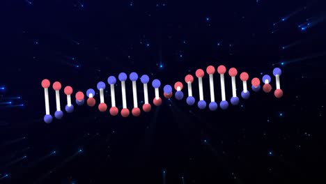animación digital de la estructura del adn girando contra partículas brillantes azules en fondo negro