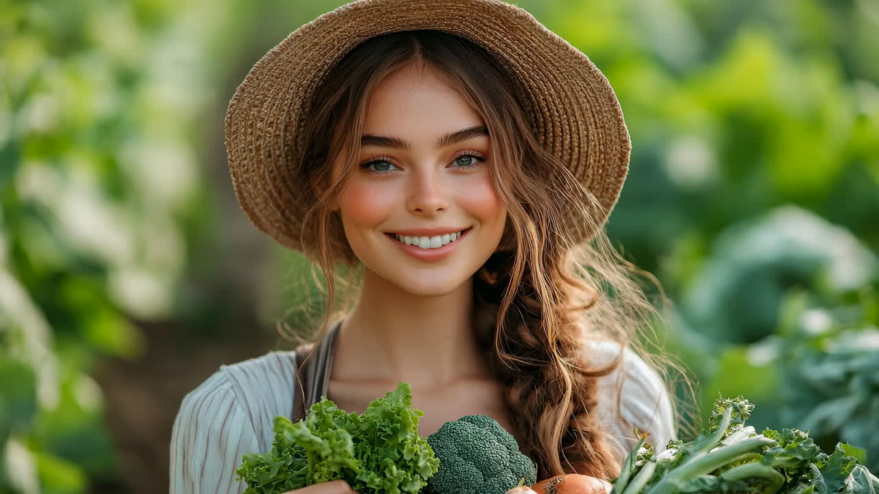 Girl with veggies in garden. A young woman smiles brightly in a garden, holding fresh vegetables harvested from the ground, surrounded by greenery