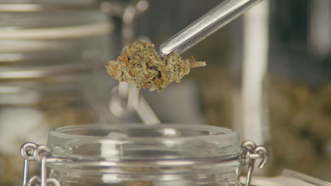 Marijuana buds in glass jars, close-up