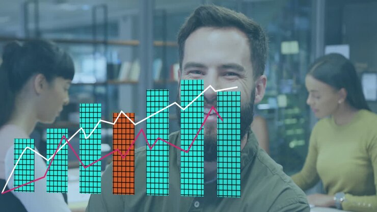Animation of financial data processing over diverse business people in office