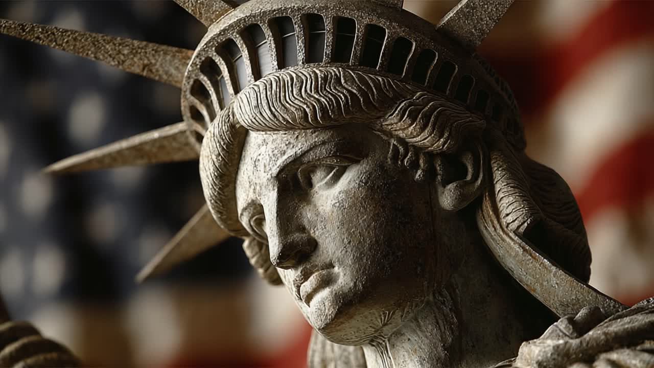 A Close-Up Perspective of a Historical Statue Symbolizing Freedom and Democracy Against a Patriotic Background Featuring the American Flag