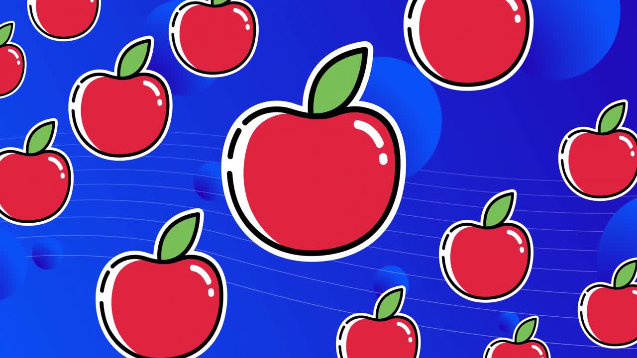 파란색 배경의 모양 위에 반복되는 빨간 사과 애니메이션