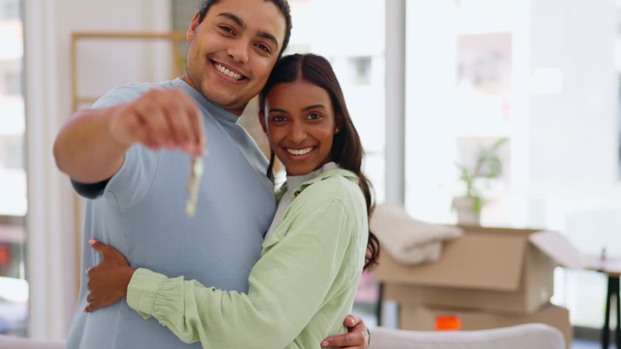 casa, llaves y cara de pareja feliz beso en casa