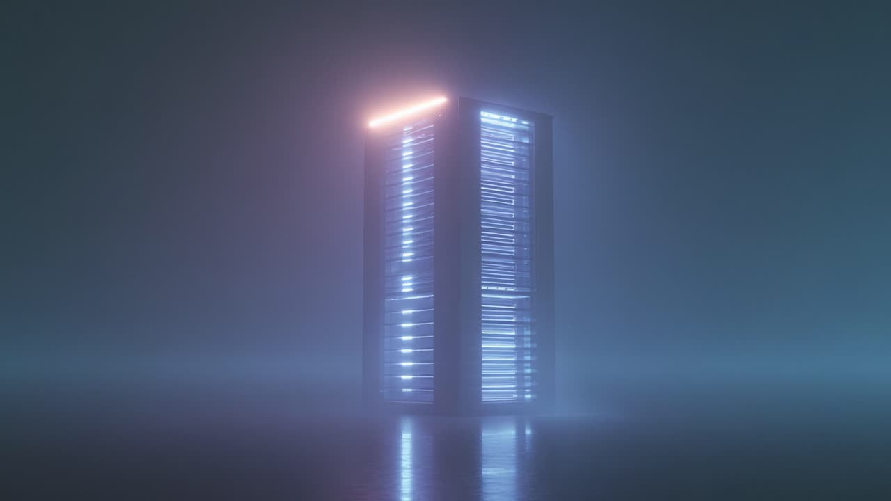 Modern server racks in a data center with blue and orange neon lights glowing in a misty room, representing cloud computing, big data storage, and advanced information technology infrastructure