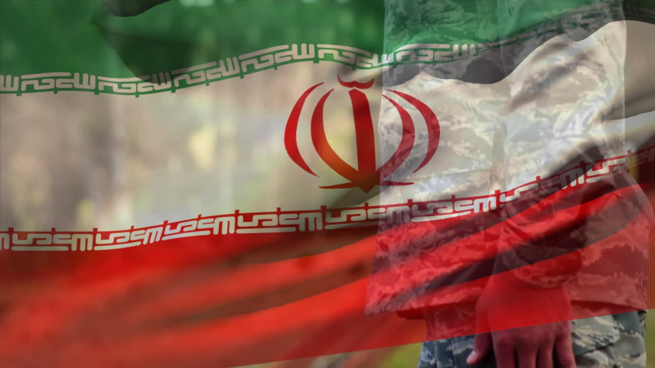 анимация флага ирана над кавказским солдатом-мужчиной