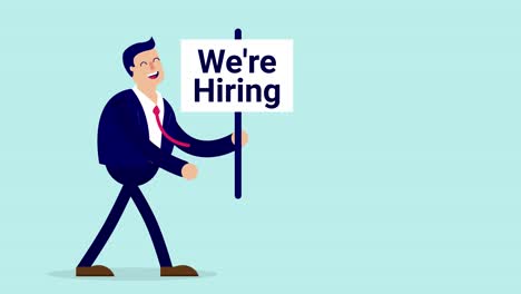 we are hiring animation with businessman holding sign