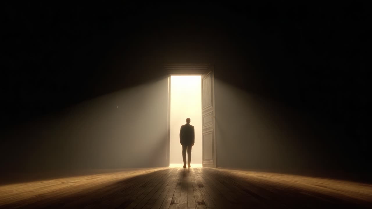 A solitary figure stands at the threshold of an illuminated door, symbolizing hope and the journey towards new beginnings and possibilities beyond the darkness