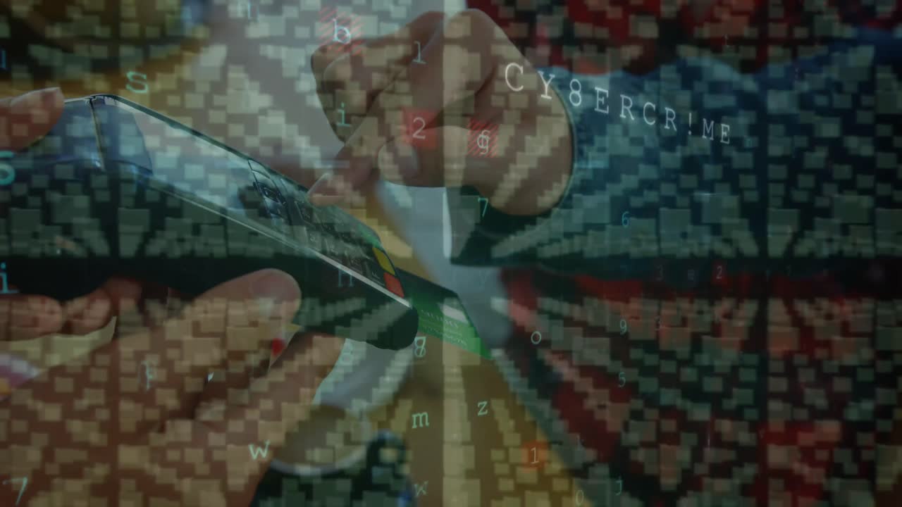 결제 터미널을 사용하는 백인 사람들의 손 위에 사이버 범죄와  ⁇ 락의 애니메이션