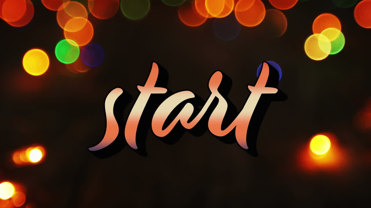 animación del texto de inicio en naranja degradado sobre puntos de luz coloridos