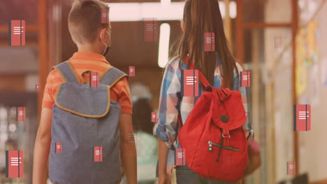 animation of notebooks over back of caucasian pupils walking on school corridor