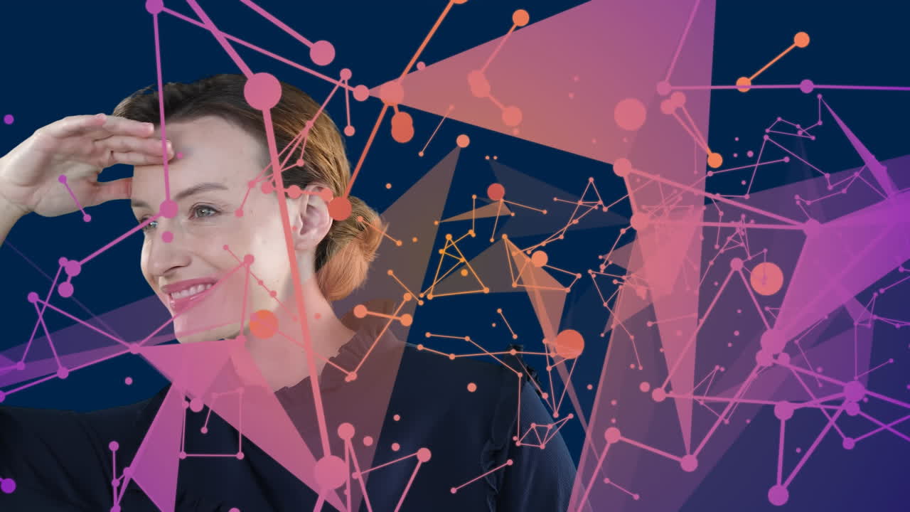 animación de coloridas redes de comunicación sobre una feliz mujer caucásica mirando sobre un fondo azul