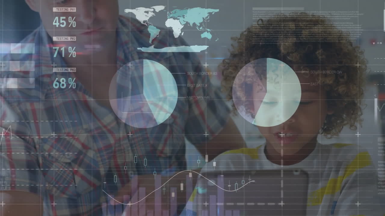 animación de la interfaz infográfica, un maestro caucásico diverso ayudando al niño a usar la tableta digital