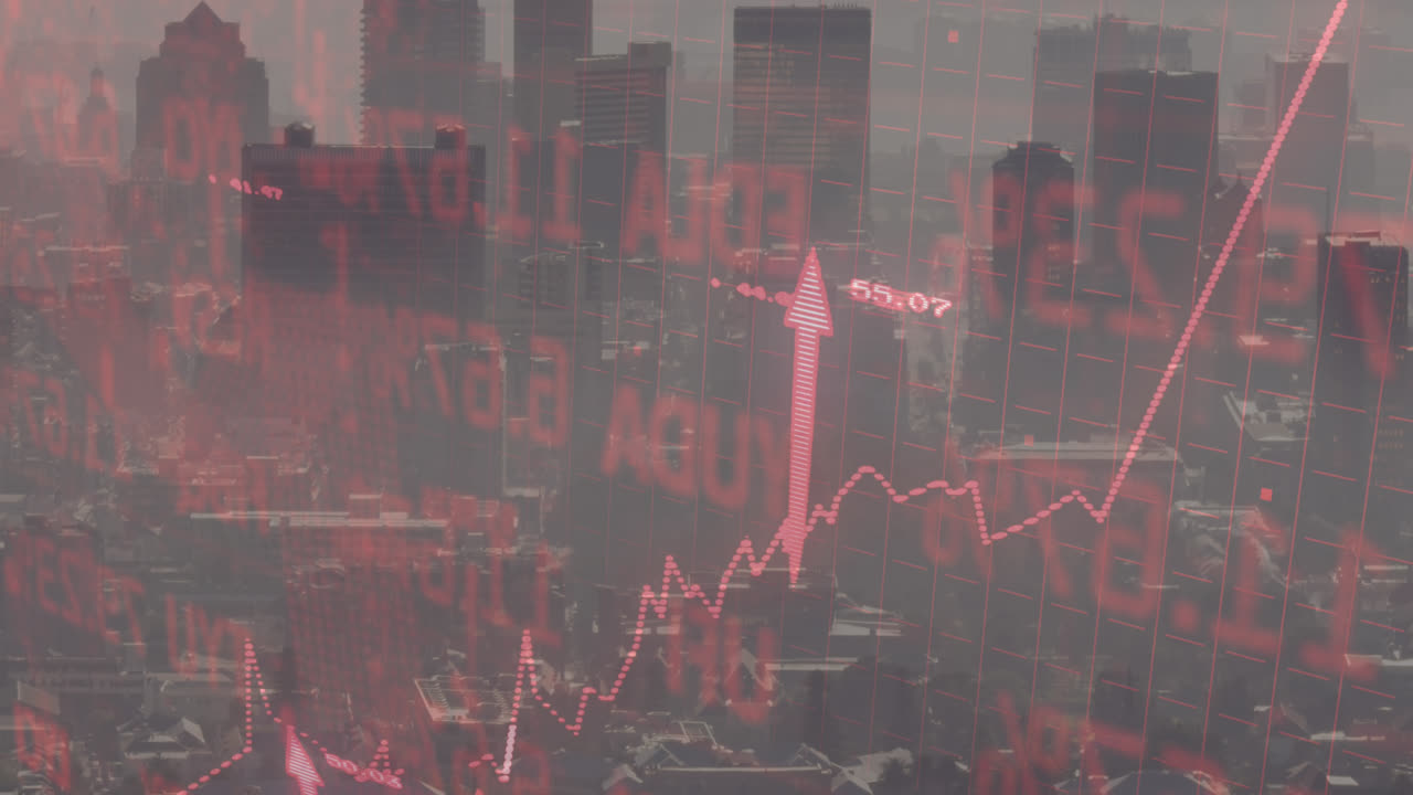 都市風景上のデータ処理のアニメーション