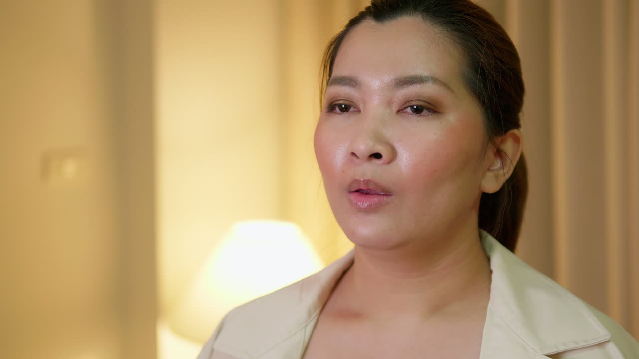 젊은 성인 여성이 평상복을 입고 방에서 말하는 비디오 온라인 커뮤니케이션을 설명하고 인터뷰합니다.