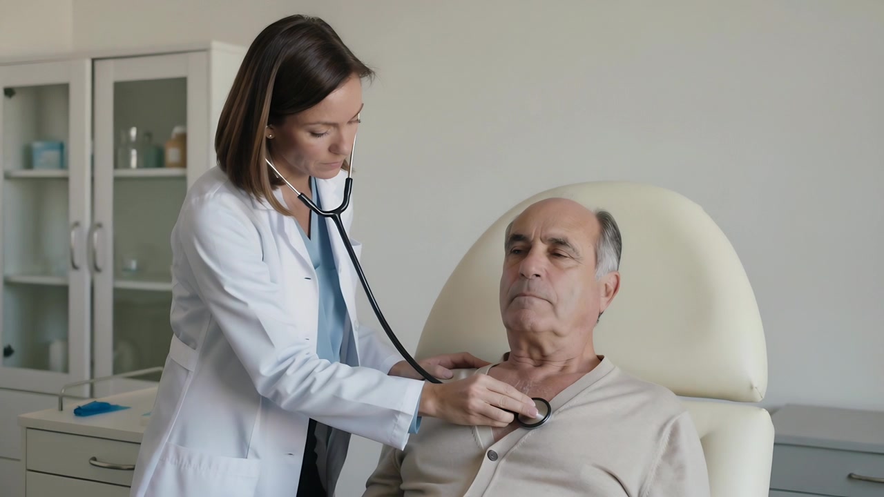 Clinico in camice che posiziona lo stetoscopio e ascolta il torace di un paziente anziano per un esame in clinica.