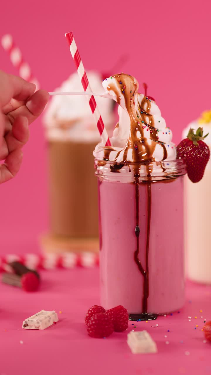 Una mano raccoglie panna montata da un milkshake alla fragola con un filo di cioccolato, sfondo rosa brillante, illuminazione da studio.