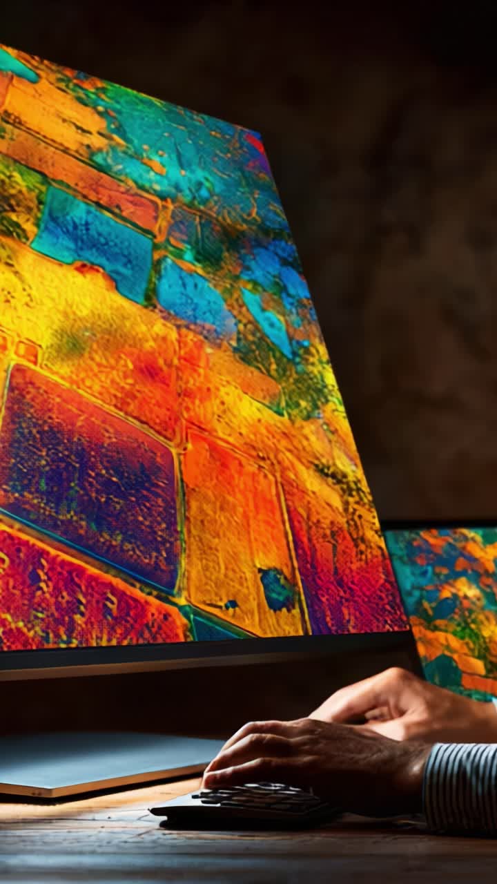 Esplorare texture vivaci: primo piano di arte digitale colorata visualizzata su più monitor con motivi complessi e una mano che interagisce con la tecnologia