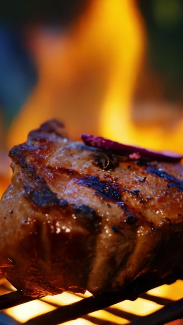 Sizzling Steak Grilled to Perfection Over a Fiery Flame, Showcasing Juicy Cuts with Aromatic Herbs in a Mouthwatering Culinary Experience
