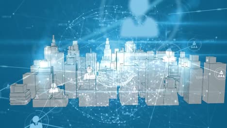 Animation-of-network-of-connections-with-icons-over-city