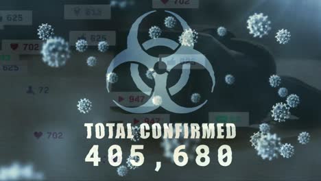 biohazard symbol with increasing cases over multiple covid-19 cells against vr headset on table