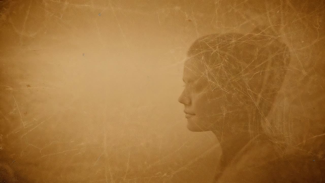 Film starting showing adult woman making slight head tilts at studio, with sepia grain, copy space