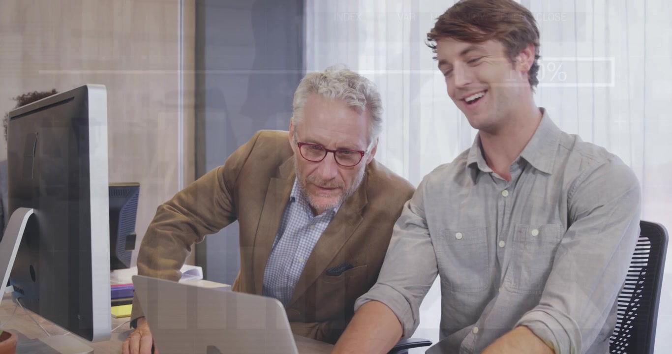 Animation of financial data processing over diverse business people using electronic devices