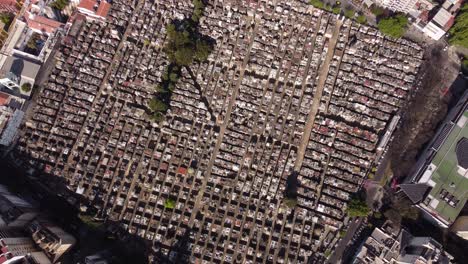 aerila top down of large recoleta cemetery in buenos aires city during sunny day - high angle drone flight