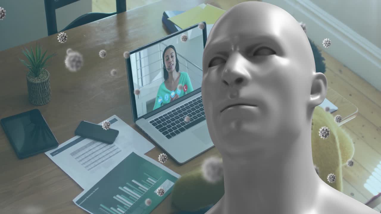 animación de células de covid 19 y busto humano sobre una mujer de negocios en una llamada de video portátil