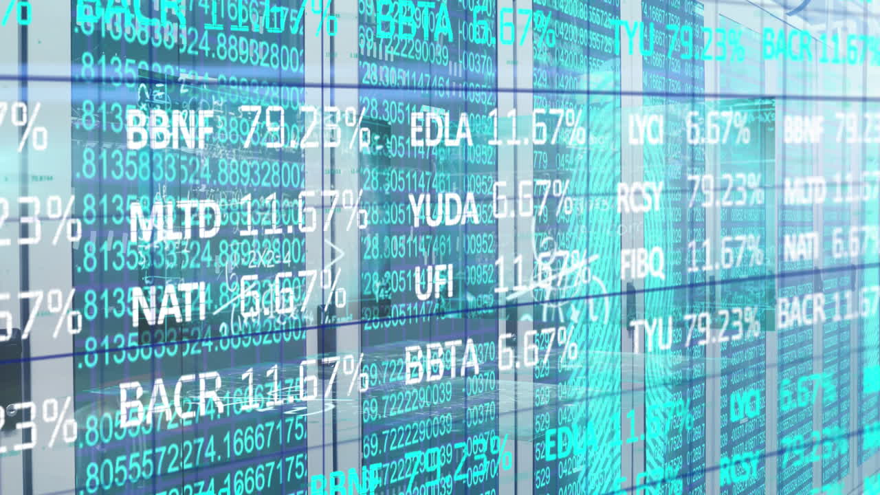 Data processing over a room made of screens showing lines of numbers, data processing