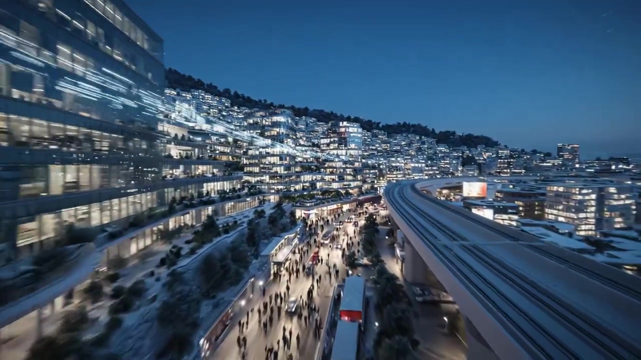 A Serene Winter Evening Overlooking a Snow-Covered City Skyline with Twinkling Lights and a Flowing Highway Emphasizing Urban Tranquility and Modern Architecture