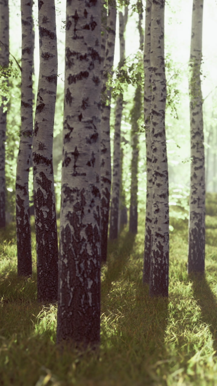 Gentle sunlight filtering through birch trees in a serene woodland scene