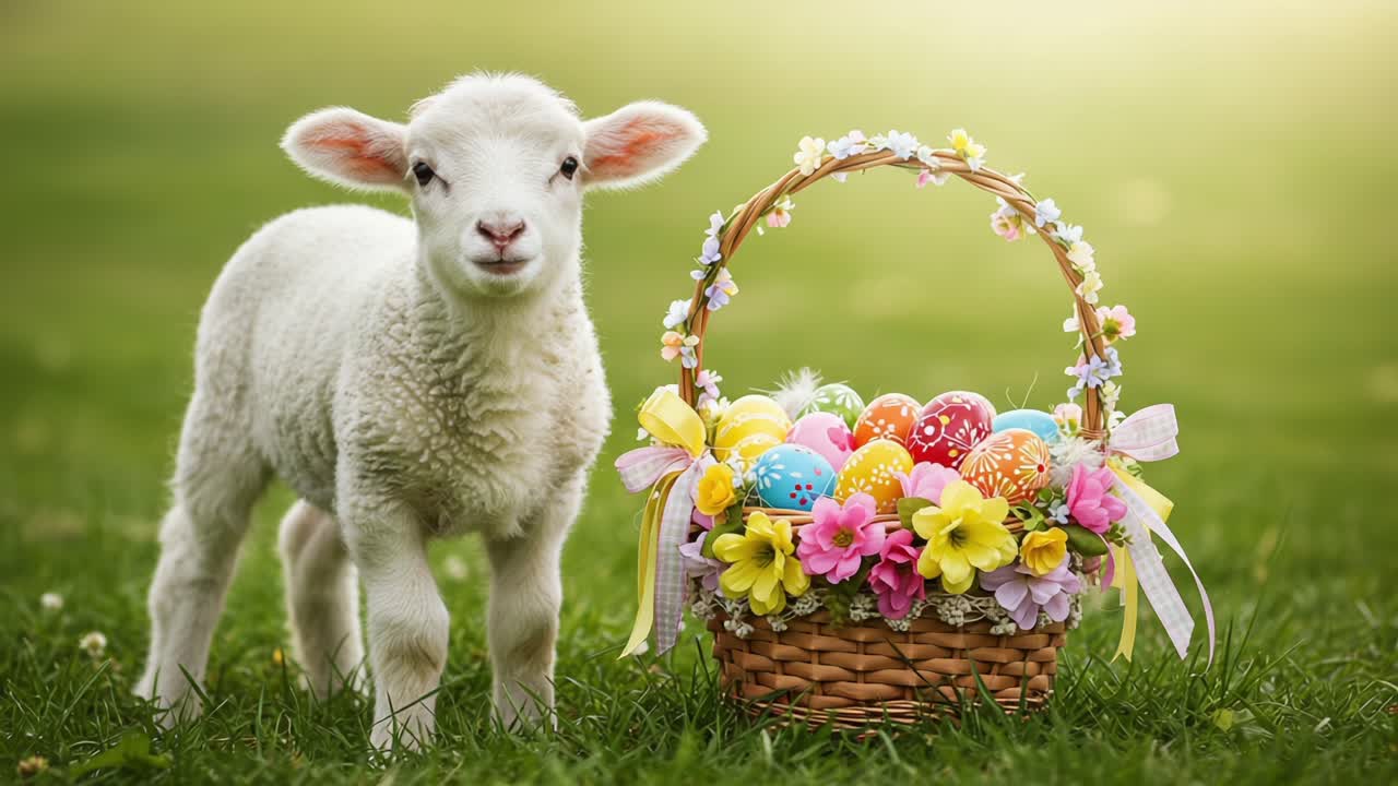A Playful Lamb Explores a Colorful Easter Basket Surrounded by Vibrant Flowers in a Sunlit Spring Meadow, Capturing the Essence of Joy and Renewal