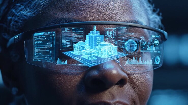 A close-up of a focused individual wearing augmented reality glasses, showcasing advanced holographic technology overlaid on their vision, merging real and digital worlds seamlessly.
