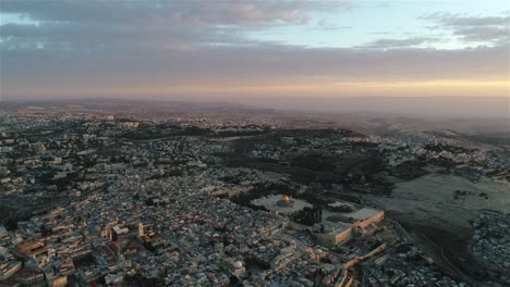 jerusalem old city aerial high altitude view with the holy places, sunset