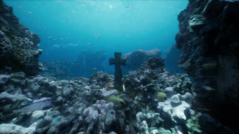 mysterious underwater cross among coral reefs