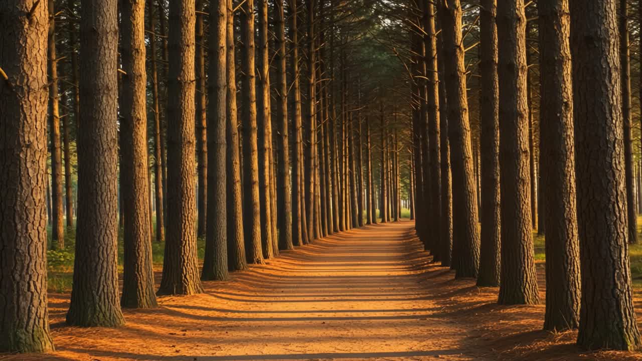 Serene Pathway Through Majestic Pine Trees: A Tranquil Journey Along Nature's Beautiful Trail Bathed in Golden Light