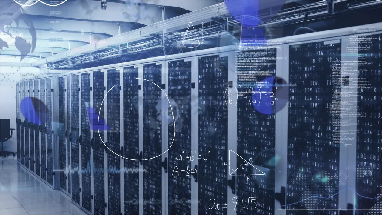 Animation of digital data processing over server room