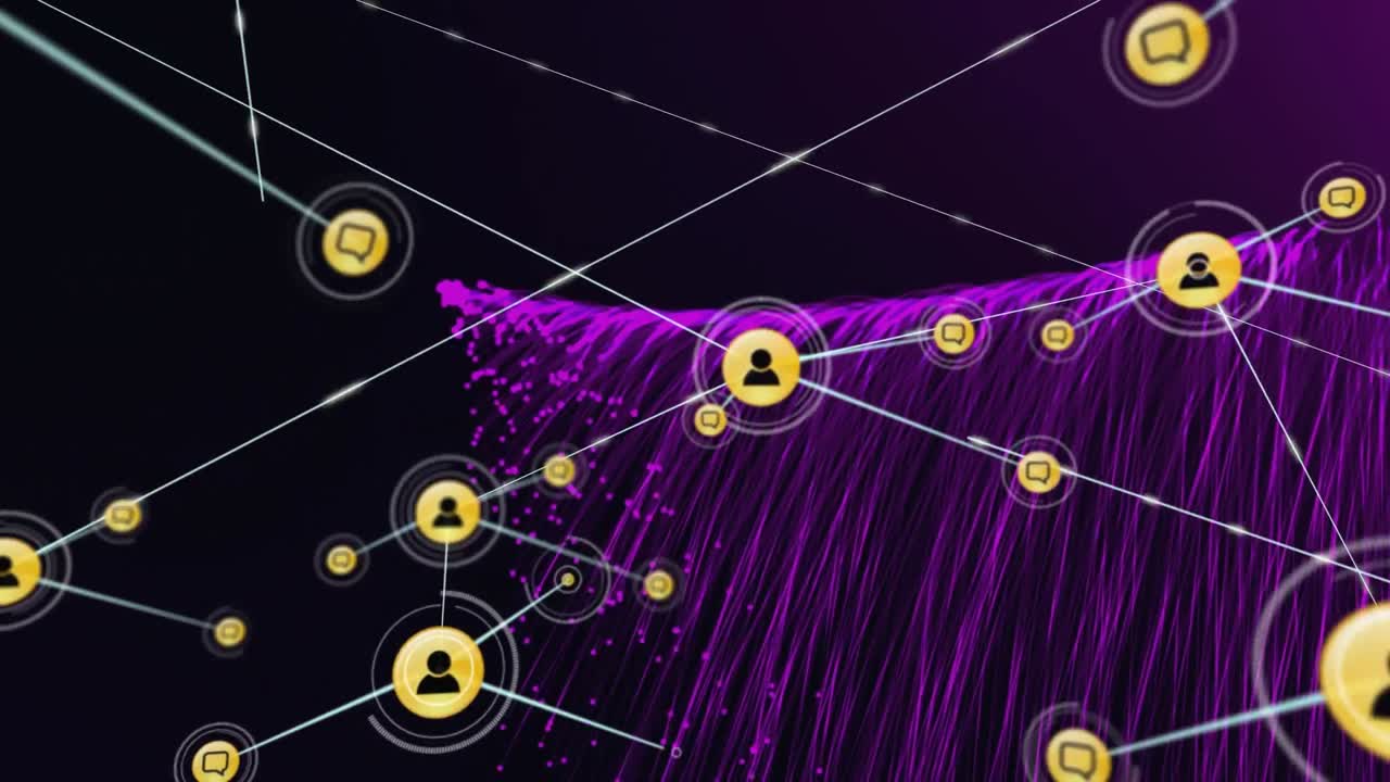 animación de la red de conexiones con iconos digitales sobre senderos de luz púrpura
