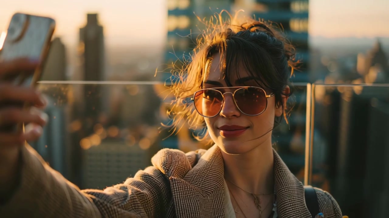 Opptak av en stilig ung kvinne med solbriller som tar en selfie på en takterrasse ved den gylne time, med moderne bysilhuett i bakgrunnen