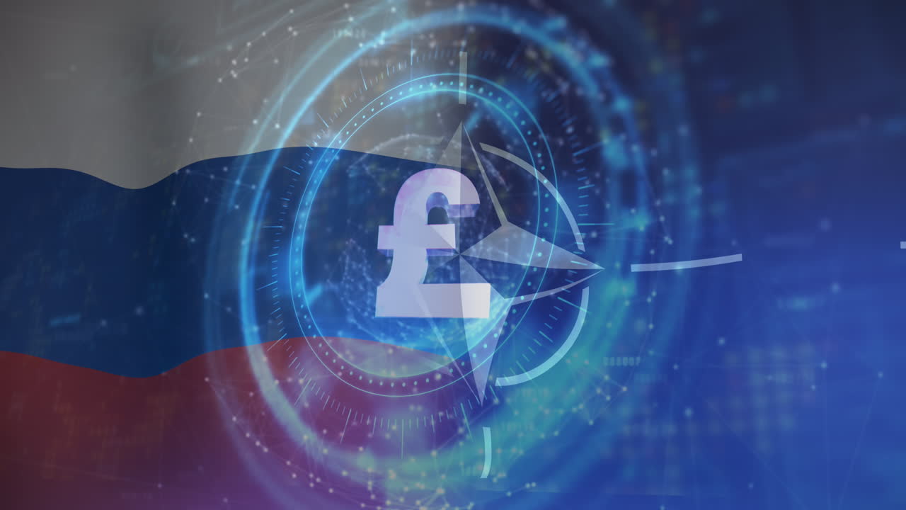 анимация сканирования масштаба и символа фунта над флагом россии и нато