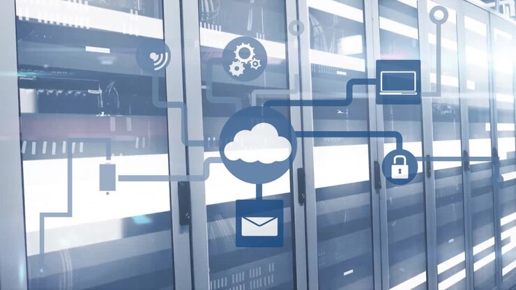 Animation of cloud icon with network of connections and data processing over computer servers